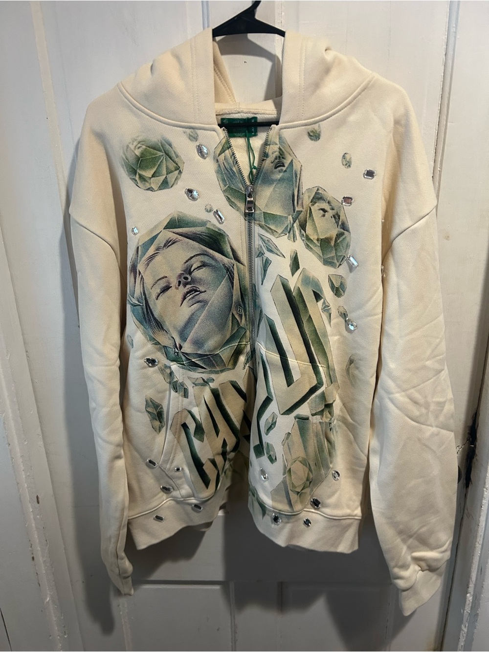 Cream Graphic Zip-Front Hoodie with Green Gem Motif